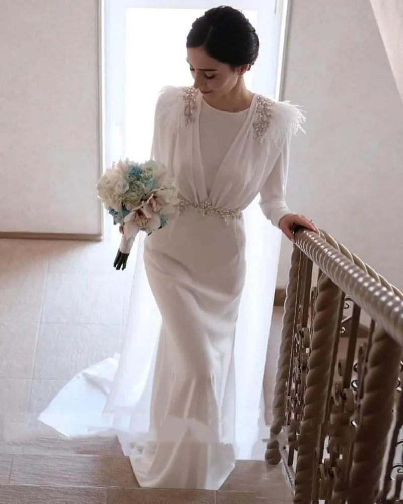 Kaftan Satin Sirena Abiti da sposa con mantello perline Abiti a maniche lunghe Pulsanti Principessa Abiti da sposa Fishtail Vestidos