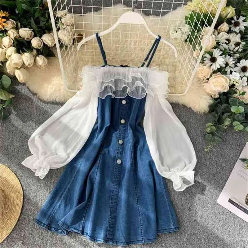 Mulheres Retalhamento Denim Denim Verão Sexy Off Off Spaghetti Strap Calças de Jeans Vestidos Senhoras Fashion Coreano Robe Curto 210525