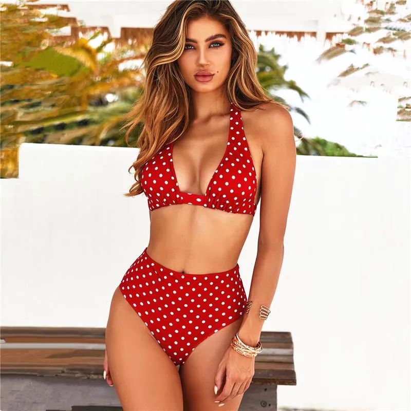 Kvinnors badkläder 2021 Bikini Kvinnor Sexig Bandage Swim Suits V-Neck Biquini High Wasted Bathing Red Dot Printing Swimsuit Female