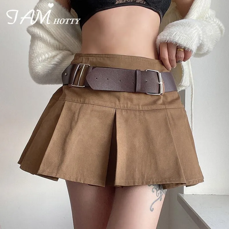 Saias com Sashes Brown High-waisted Saia Plissada Mulheres Estilo Coreano Moda Correia Punk Streetwear Tennis Mini Feminino Iamty