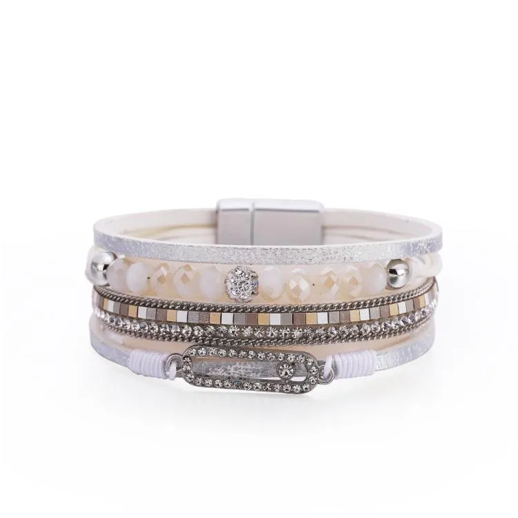 Bangle Ornapaadia Bohemian Frisado Fina Cadeia Strass Multicamada Multicamada Broad-bound Fecho Magnético Pulseira Exagerada