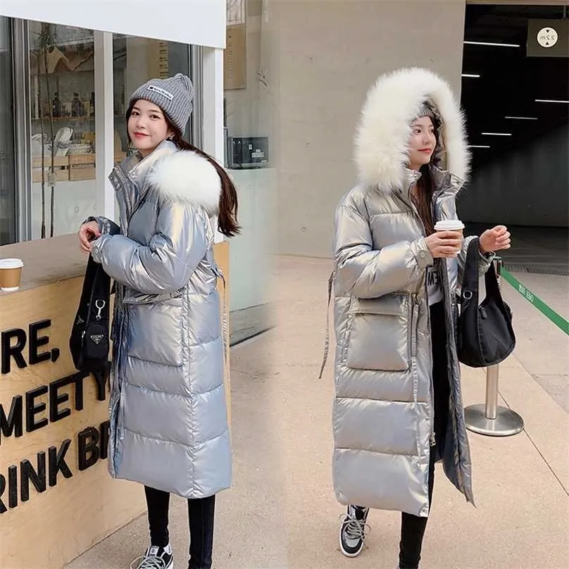 Version coréenne brillante jetable mi-longue d'hiver des femmes de la tarte en coton ample surmontant le manteau 211013
