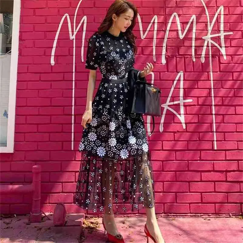 Arrive High Quality Summer Design Black Mesh Embroidered Midi
