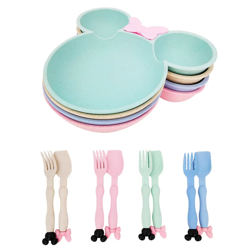 3 stks tarwe stro baby cartoon servies set kinderen gerechten kinderen diner platos baby voeding plaat training kom lepel vork