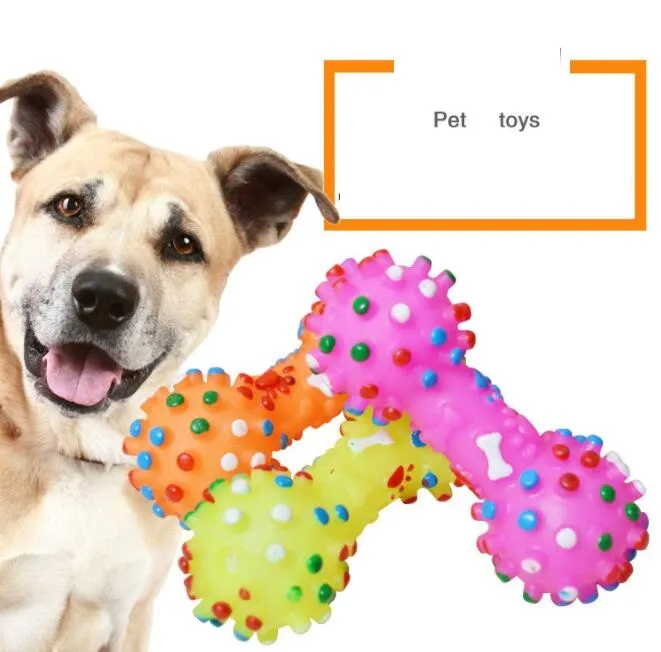 Dog Chew Squeak Toys Colorful Dotted Dumbbell Shaped Squeeze Squeaky Pet Molar Cleaning Teeth Puppy Bite Sounding funny playing Toy