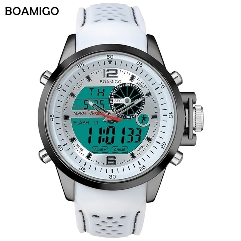 BOAMIGO Luminous Military White Quartz Waterproof Watch Top Brand Luxury Men Sport Rubber Strap Analog Digital 210804