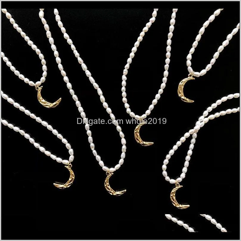 freshwater pearl pleated crescent moon necklace clavicle titanium steel plated 18k gold handmade