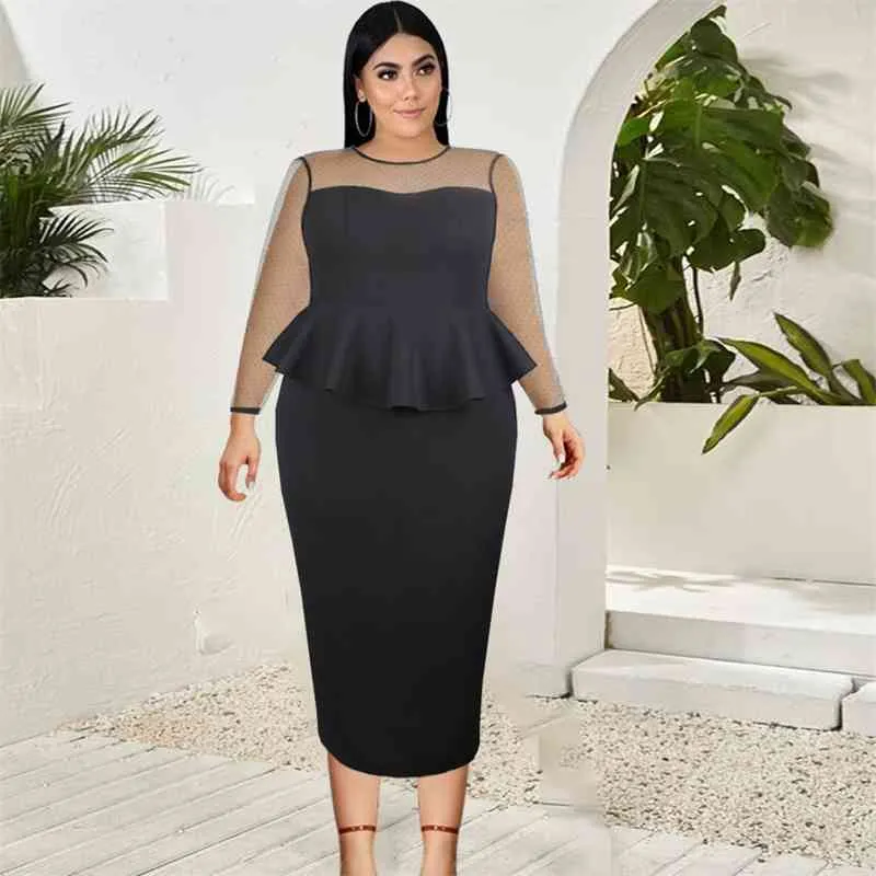 Mulheres Oversized Vestidos ver através de manga longa preta Malha Dot Ladies Ruffles Bodycon Plus Size Vestes 4xl Verão Festa de Aniversário 210527