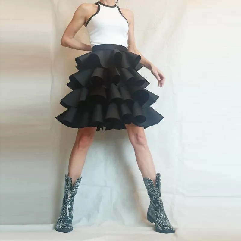 Skirts Satin Puffy Midi Skirt Solid Black Above Knee Jupe Femme Mini Mujer Faldas Sweet Tiered Big Swing Women