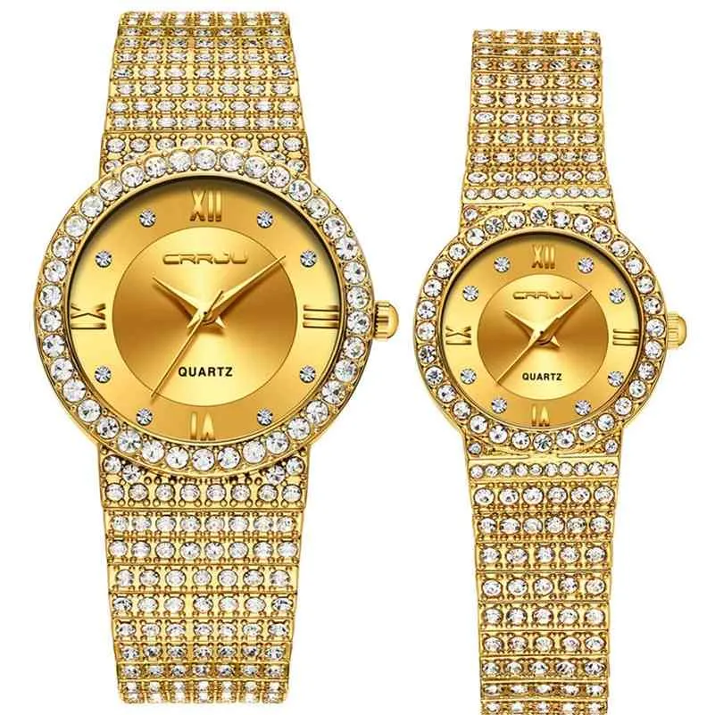 CRRJU Mulheres Homens Luxo Rodada Dial Jóias Pulseira Lover Relógios Ladies Quartz Casal Casal Relógio de Pulso Relogio 210517