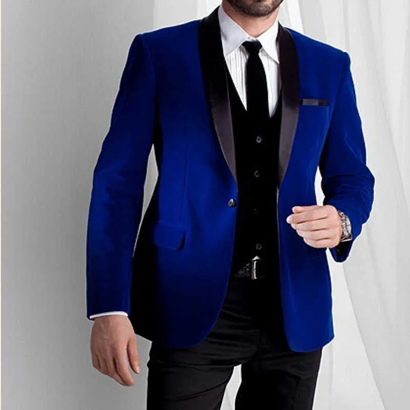 3 шт бархат свадьба смокинга для Groomsmen Royal Blue Man Suits с черной шалью отворот человек мода куртка жилет черные брюки х0909