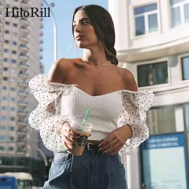 Mesh Patchwork Bluzki Kobiety Przezroczysty Z Długim Rękawem Crop Top Kobieta Moda Krótka Bluzka Koszula Tunika Chemisier Femme 210508