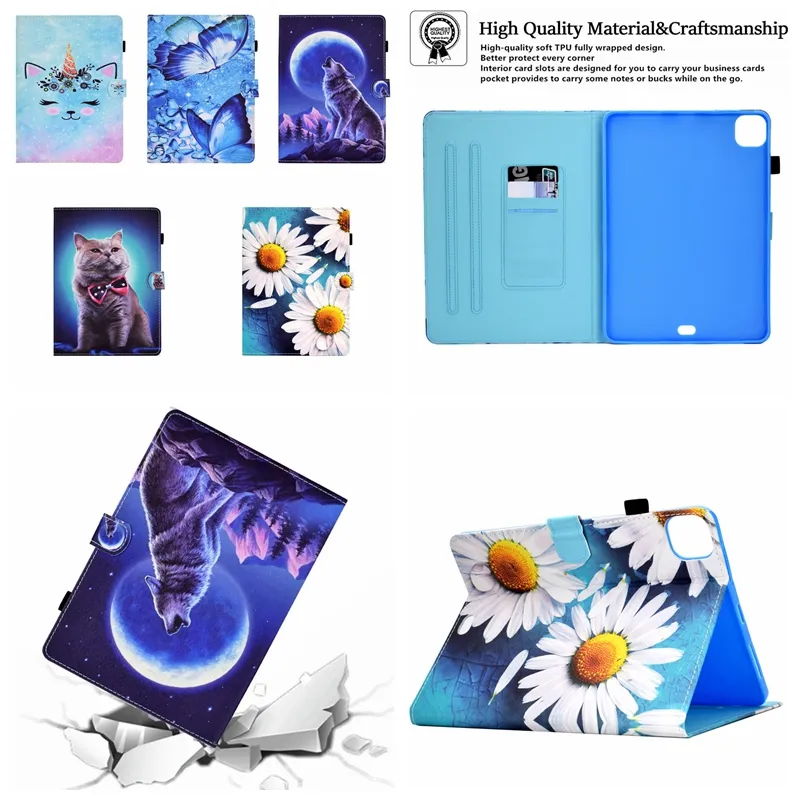 Drucken Wolf Leder Brieftasche Hüllen für Ipad 5 6 8 9 9,7 10,2 10,5 Pro 11 Air4 10,9 Sonnenblume Niedlicher Schmetterling Einhorn Blume Katze Cartoon Kartenhalter Tablet stoßfeste Flip-Cover