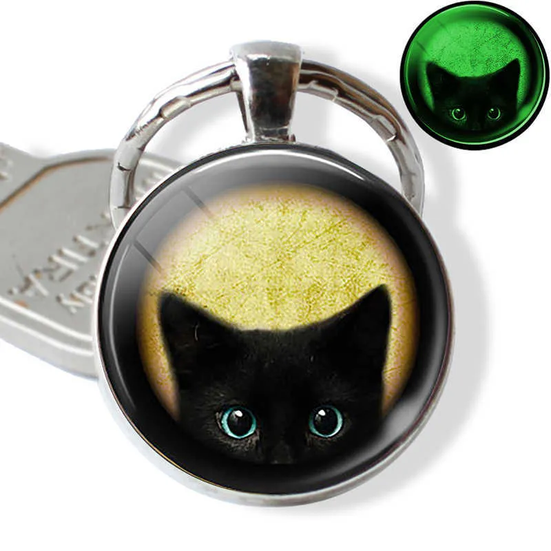 Halloween lysande katt nyckelring nyckelring glödande i den mörka katten med pumpa konst bild glas nyckel kedja nyckelhållare gåvor g1019