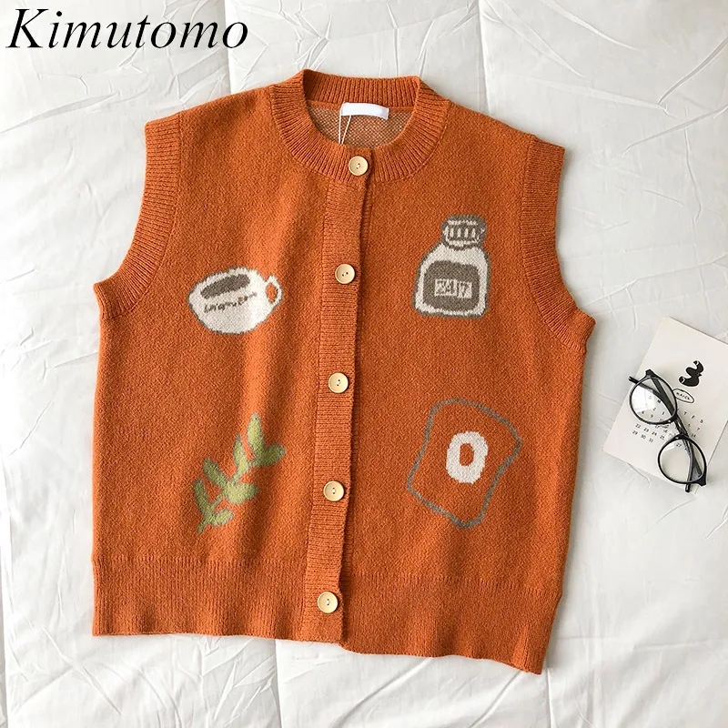 Kimutomo våren stickad väst tecknad o-nacke ärmlös singel breasted waistcoat väst kvinnor koreansk chic elegant 210521