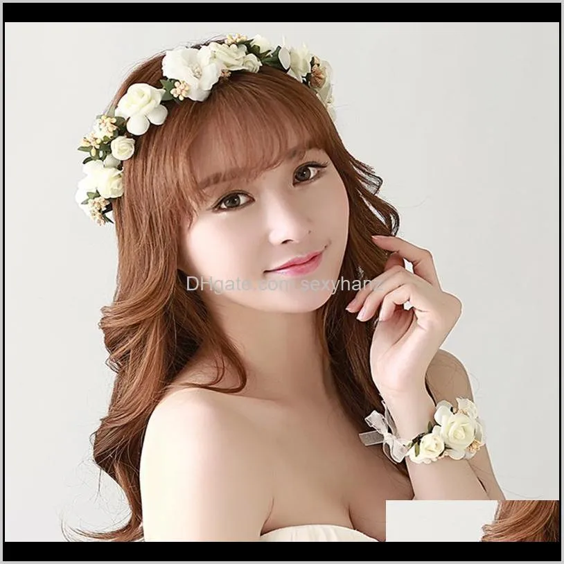 fashion women wedding bridal flower tiara wreath headbands floral wreath crowns garland+ bracelet beach party headdress