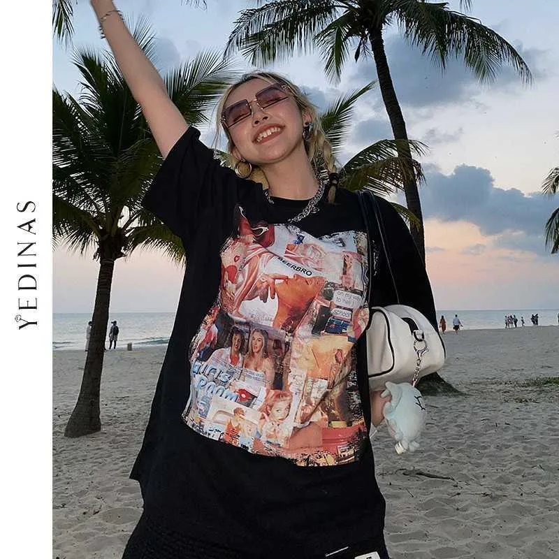 Yedinas Vintage Oversize T-shirt Women Punk Style Loose T Shirt Summer Y2k 90s Grunge Printed Tee Cotton Hip Hop Clothing 210527