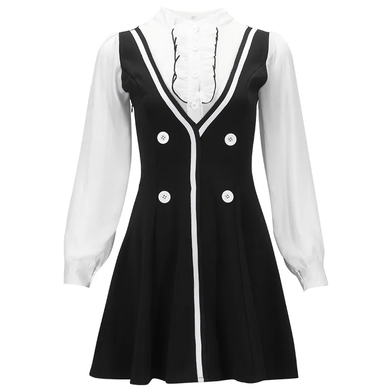 Donna Donna Vintage Black Stand Collar Hit Color Patchwork Button Manica lunga Impero A-line Mini abito primavera D2409 210514