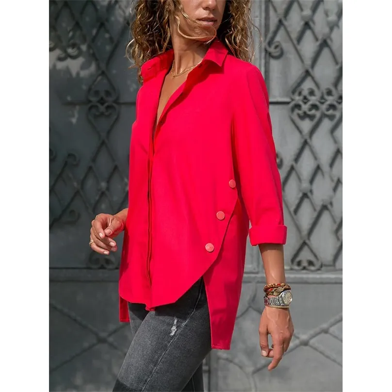 Split Hem Button Detail Tunics Women 5XL Plus Size Chiffon Shirt Casual Turn-down Collar Long Sleeve Blouses Summer Tops 210719