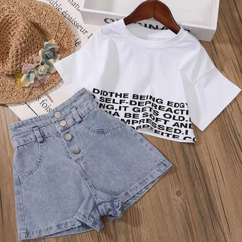 Nowe Dzieci Dziewczyny Ustaw Ustaw Summer Girl Crop Tops T-shirt + Spodenki Dżinsowe 2 sztuk Dziewczyna Stroje Dziewczynek Odzież 4 5 710 do 12 lat P0831