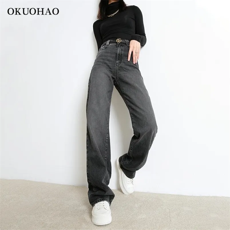 Kvinnors Casual Denim Pants High Waisted Wide Leg Jeans Höst Vinter Tång omedelbart Slims avslappnad passform Straight Jean 210708