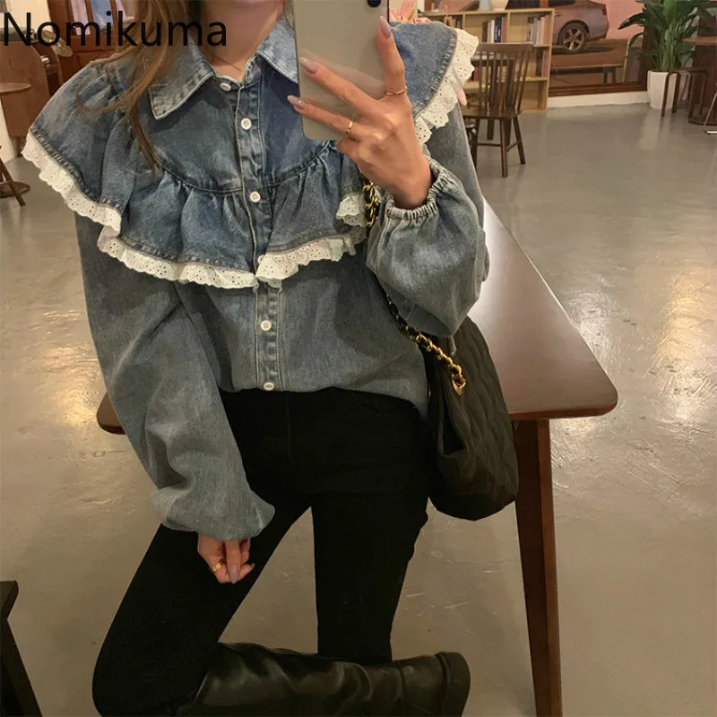 Nomikuma Spring Women Jeans Blouse Korean Lace Patchwork Ruffle Sweet Shirt Causal Long Sleeve Turn-down Collar Blusa 6E230 210427