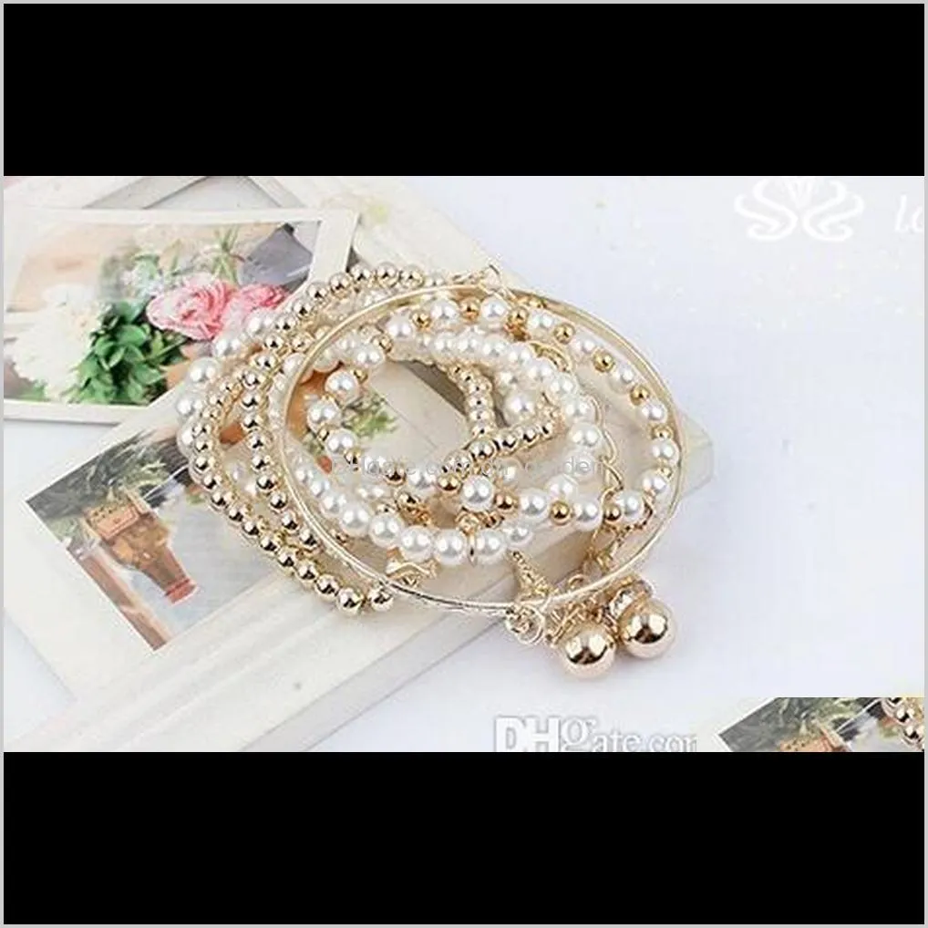 girls retro multi layer pearl beaded tower star charm bracelet 6 layers silver & gold plated cuff bangles for women wedding jewelry