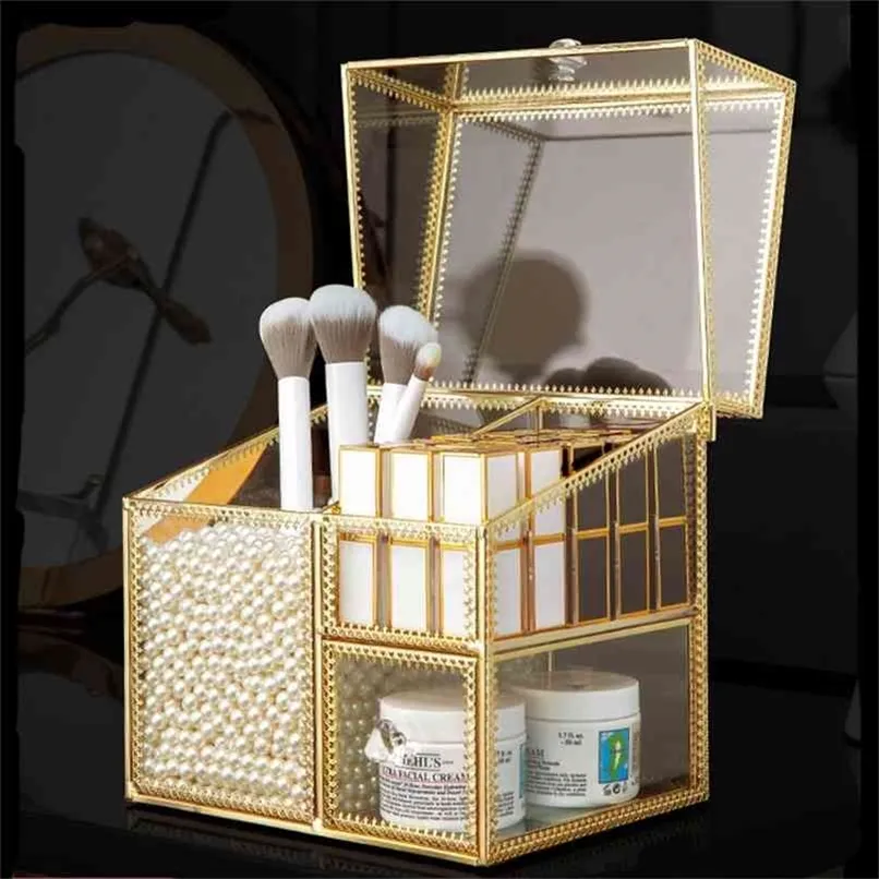 Cosmetic Brush Storage Bucket Transparent Glass Make Up Organizer Dustproof Lipstick Holder Desktop Jewelry Box 210922
