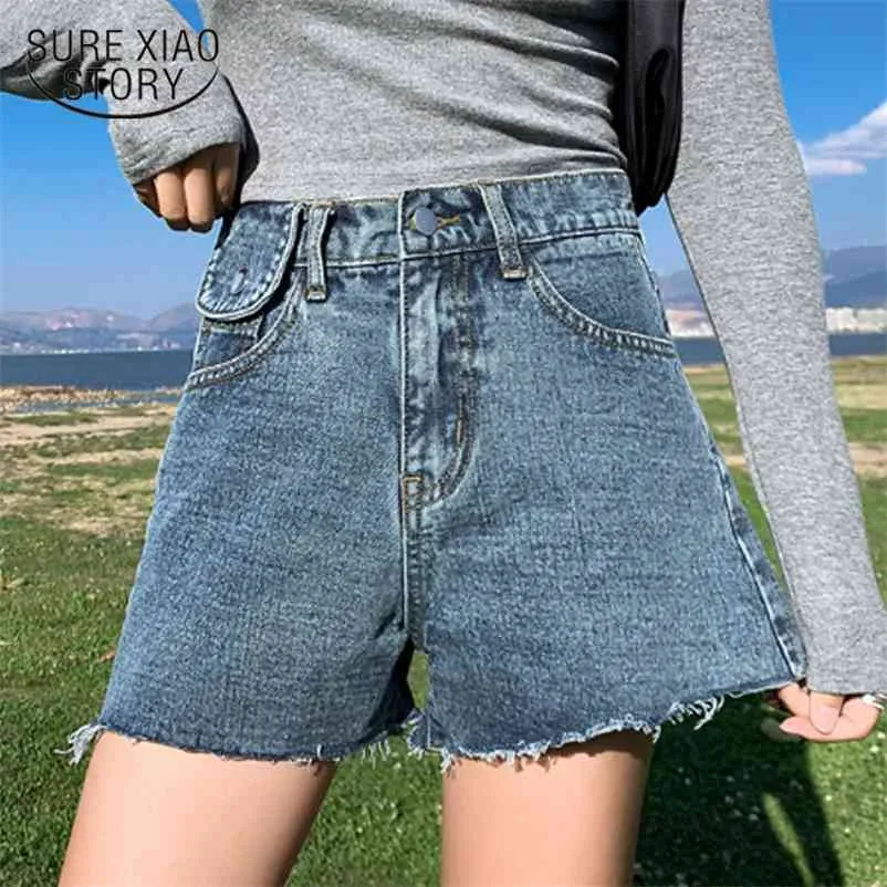 Sommar tunna denim shorts kvinnliga koreanska lösa hög-midjade en linje bredben hål kort femme 9404 50 210510