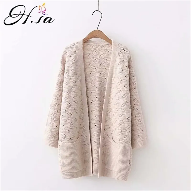 Women Long Sweater Cardigans V neck Open Stitch Hollow Out Autumn Ponchoes White Elegant Cardigan Feminino Thick Chaqueta 210430