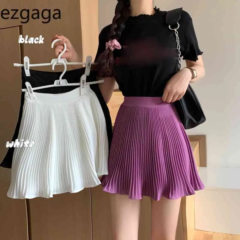 Ezgaga Preppy Style Wysokiej Talii Spódnice Kobiety Vintage A-Line Eleganckie Koreańska Moda Solid All-Match Damska Plisowane Spódnice Casaul 210430