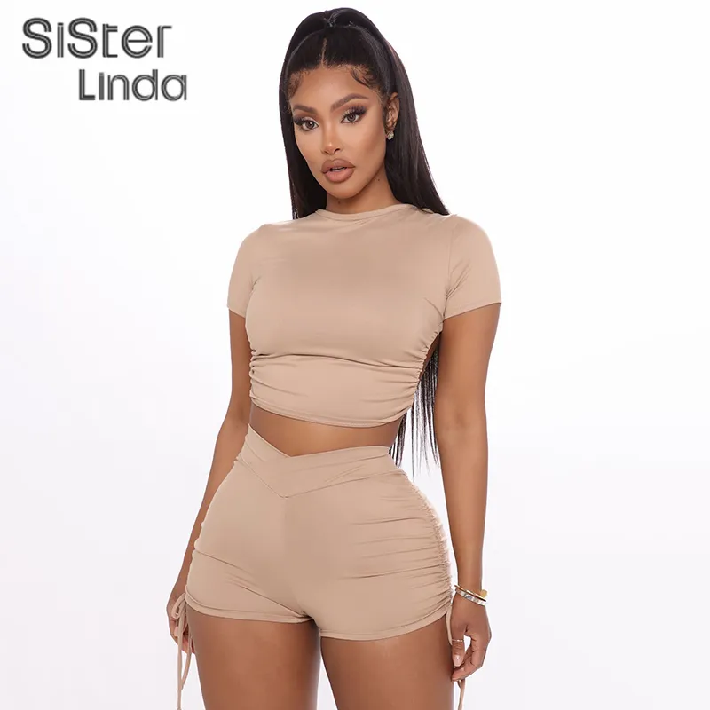 Sisterlinda FitnTracksuit Women 2 Piece Set Short Sleeve BacklBandage Top And Ruched Biker Shorts Outfit Streetwear 2020 X0428