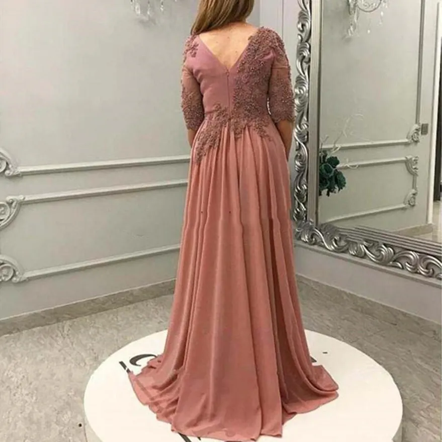 Mor till brudens brudgum klänning med oftskirt chiffon fyrkantig hals halva ärm kvällsfest bröllop gäst formell prom gown300c