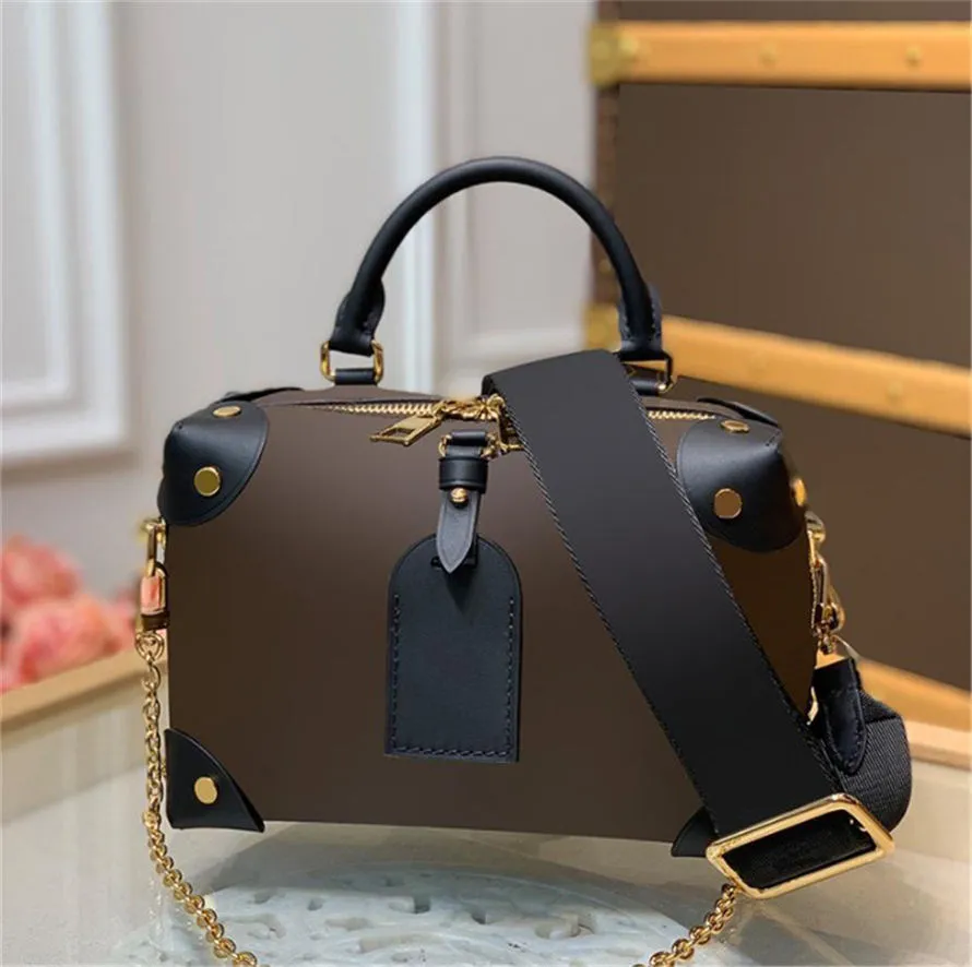 Luxury Brown Flower Top Quality Men's äkta läderhandväska Tote Designer Womens Shoulder Bag Hobo Purse Lady Gold Chain Crossbody Shell Top Handle Sling Travel Bag