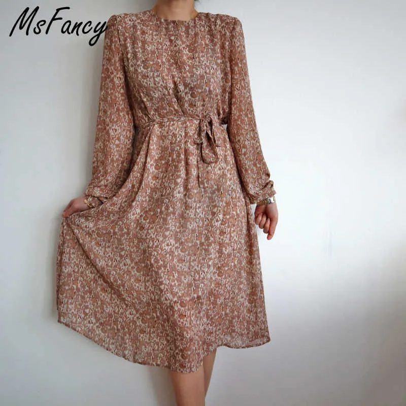 MSFANCY LEOPARDプリントシフォンドレス女性長袖プラスサイズVestido de Mujer O-Neckレースアップエレガントなローブ210604