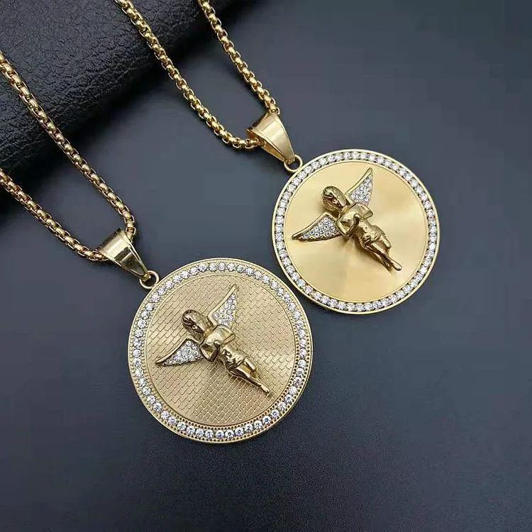 Ciondolo Uomo Moissanite 1 Carato – Ali Angelo Aperte, Argento 925 Placcato Oro Giallo 14K - 3