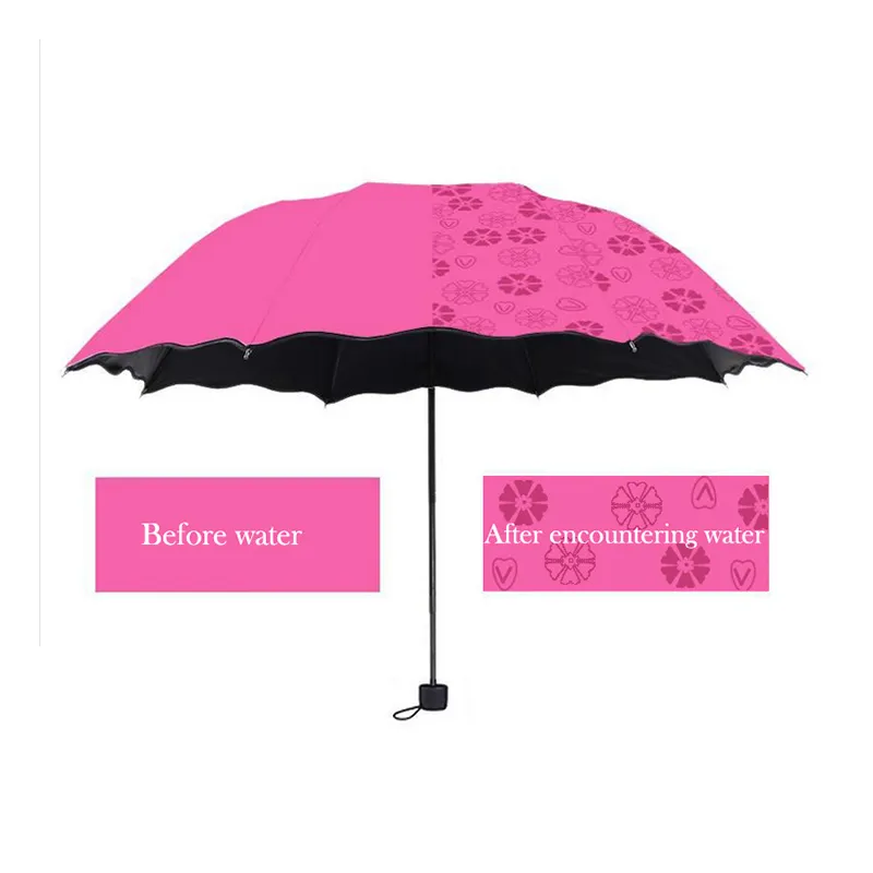 Ladies'sunshine blossoms in water changes color parasol umbrella triple fold black rubber UV woman umbrellas