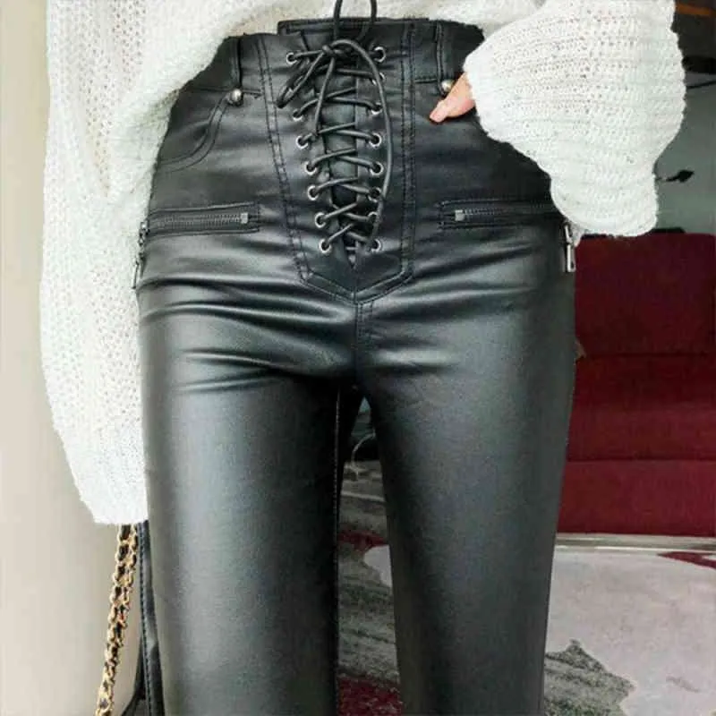 Ladies casual PU black pencil pants sashes slim fake zippers trousers made of high-grade fabrics keep warming PU pants S M L XL 210522