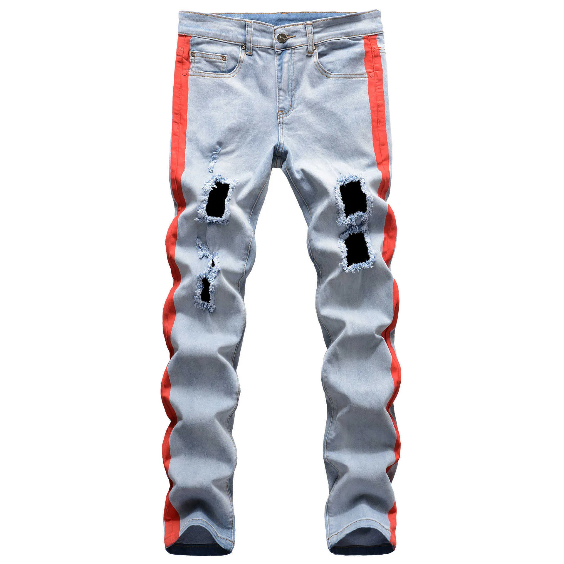 Hip Hop 4 Renk Patchwork Kot Erkekler 2021 Yırtık Delikler Slim Fit Kot Pantolon Erkekler Mavi Kırmızı Sarı Tasarımcı Düz Mavi Kot X0621