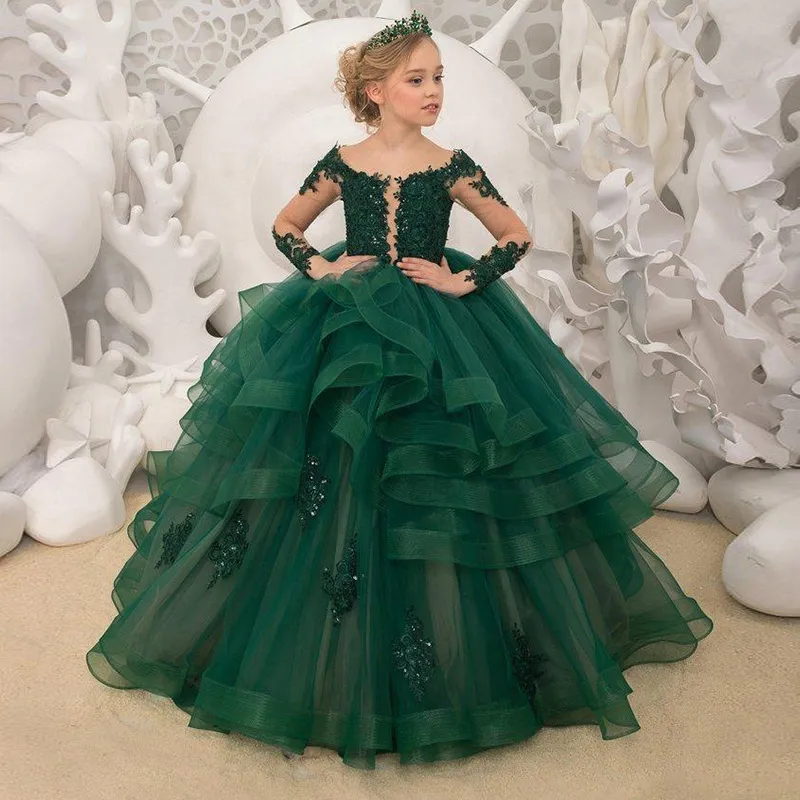 Grüne Blumenmädchenkleider für Hochzeiten Spitzen Pailletten Beugen offener Rücken Langarmes Mädchen Festzug Kleid Kinder Erst heilige Kommunionkleider 403