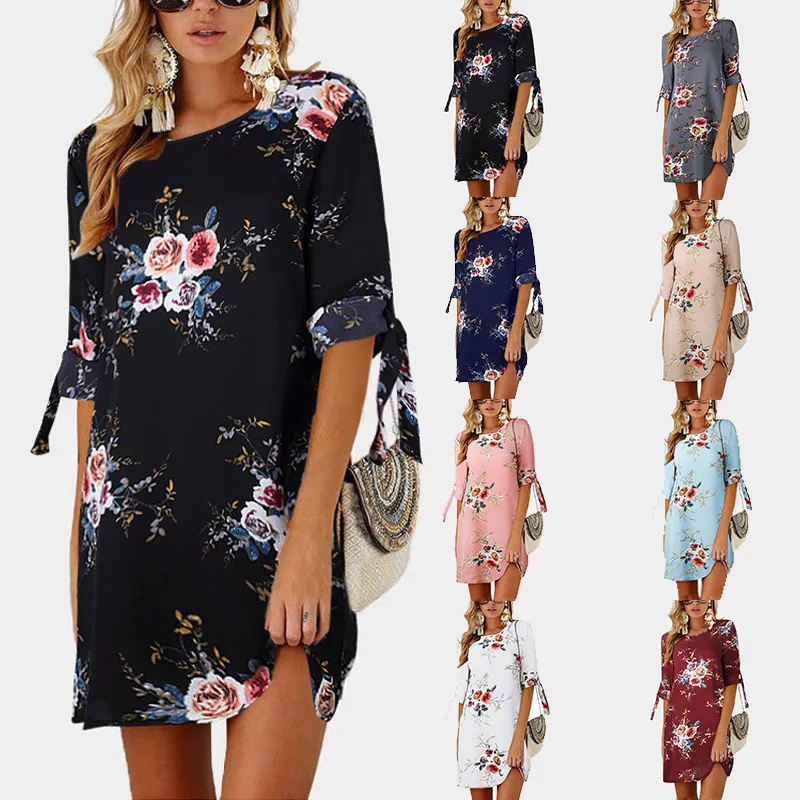 Kobiety Letnia Sukienka Boho Styl Floral Print Szyfonowa Plaża Suknia Tunika Sundress Luźna Mini Party Dress Vestidos Plus Rozmiar 5xl 210419