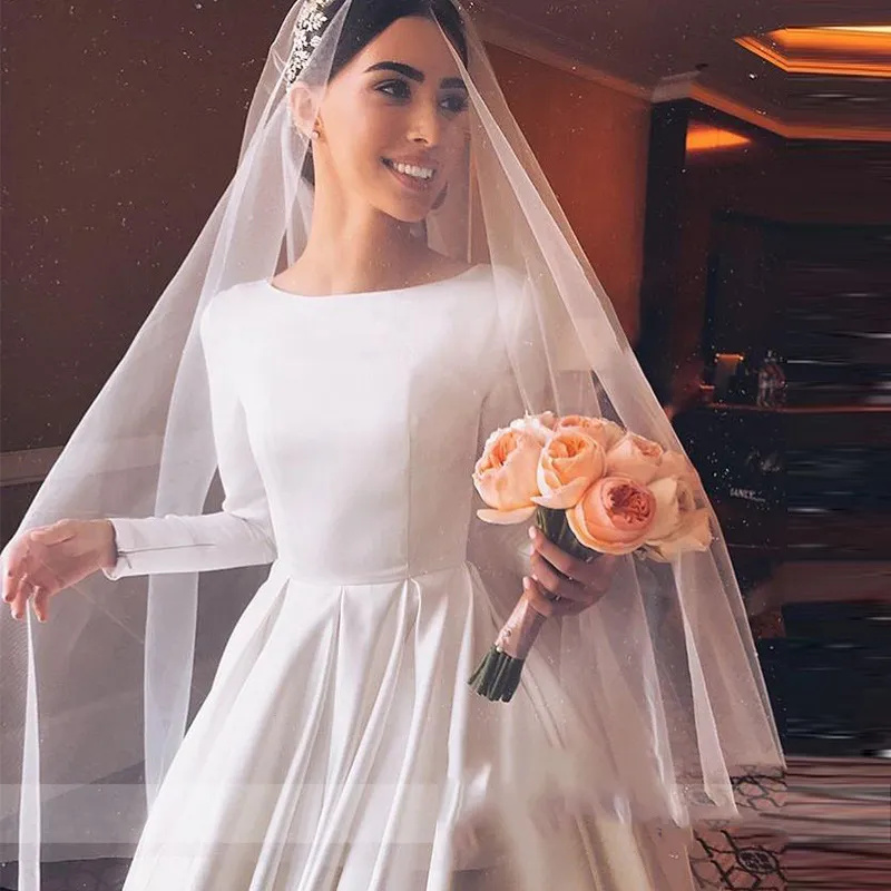 Vestidos de novia eenvoudige vintage witte ivoor satijnen trouwjurk voor vrouwen lange mouwen bruidsjurk gewaad Frankrijk Sukienka