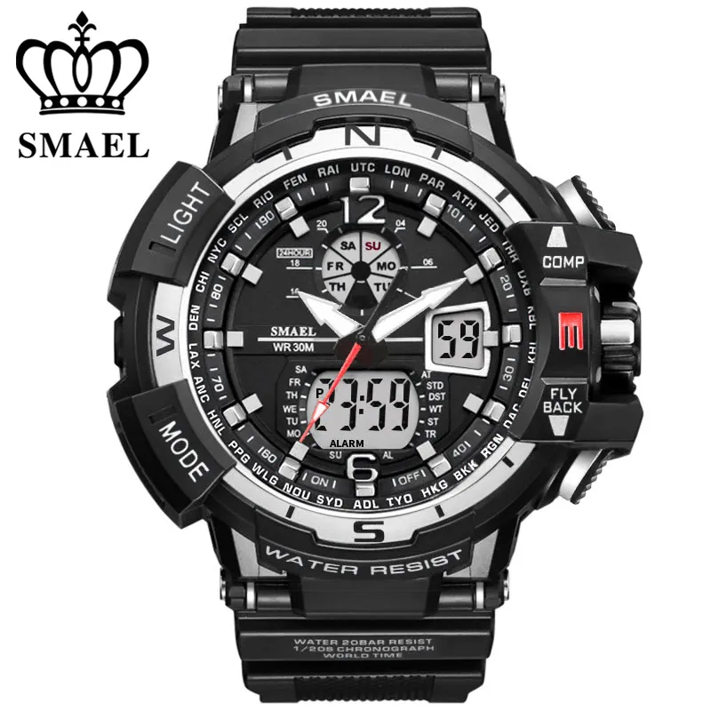 Smael merk sport horloge mannen nieuwe waterdichte mode militaire klok shock heren luxe analoge quartz dual display polshorloges x0524