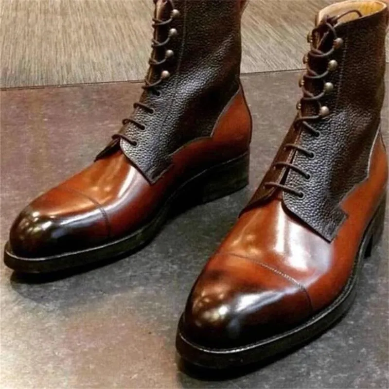 Män Pu Läderskor Låg klack Fritidsklänning Brogue Spring Ankel Boots Vintage Classic Man XM172 211216