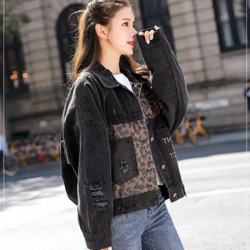 Fashion Street Leopard Patchwork Turndown Collar Denim Fashion Street Leopard Patchwork Turndown Collar Denim