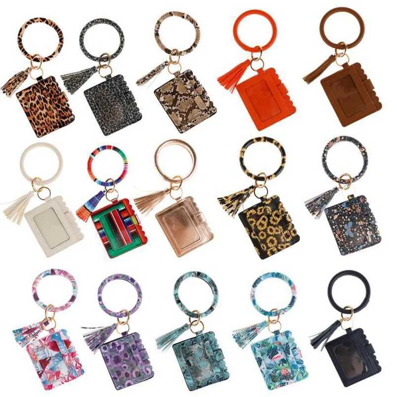 Leopard Print PU Leather Bracelet Keychain Party Favor Credit Card Wallet Bangle Tassels Keys Ring Handbag Lady Accessories