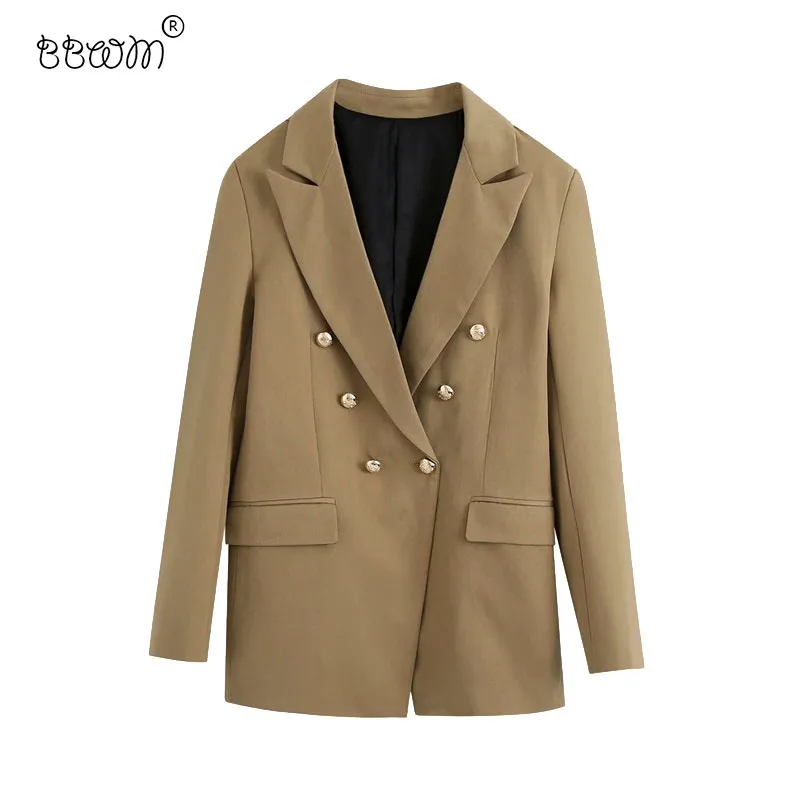 Women Fashion Double Breasted Suit Jacket Vintage Long Sleeve Back Vents Coat Female Chic Outerwear 210520