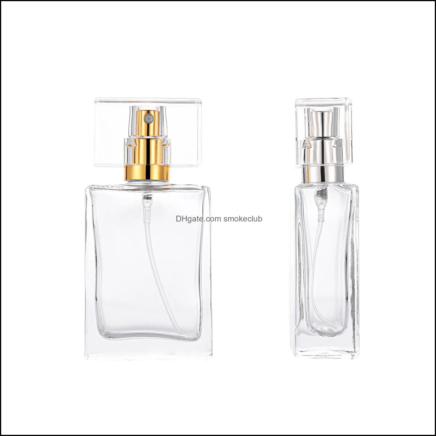 50ml high-end portable transparent glass perfume bottle with gold and sliver caps empty bottle Transparent Square spray bottles V6