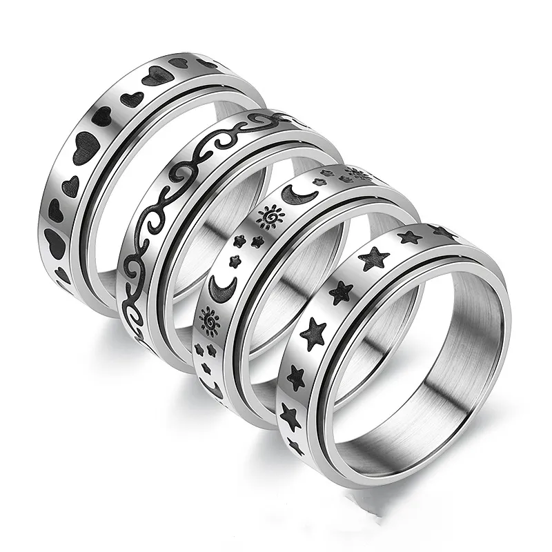 Draaibare Rvs Spinner Ring voor Vrouwen Heren Fidget Band Ringen Maan Ster Keltische Stress Verlichten Brede Bruiloft Angst