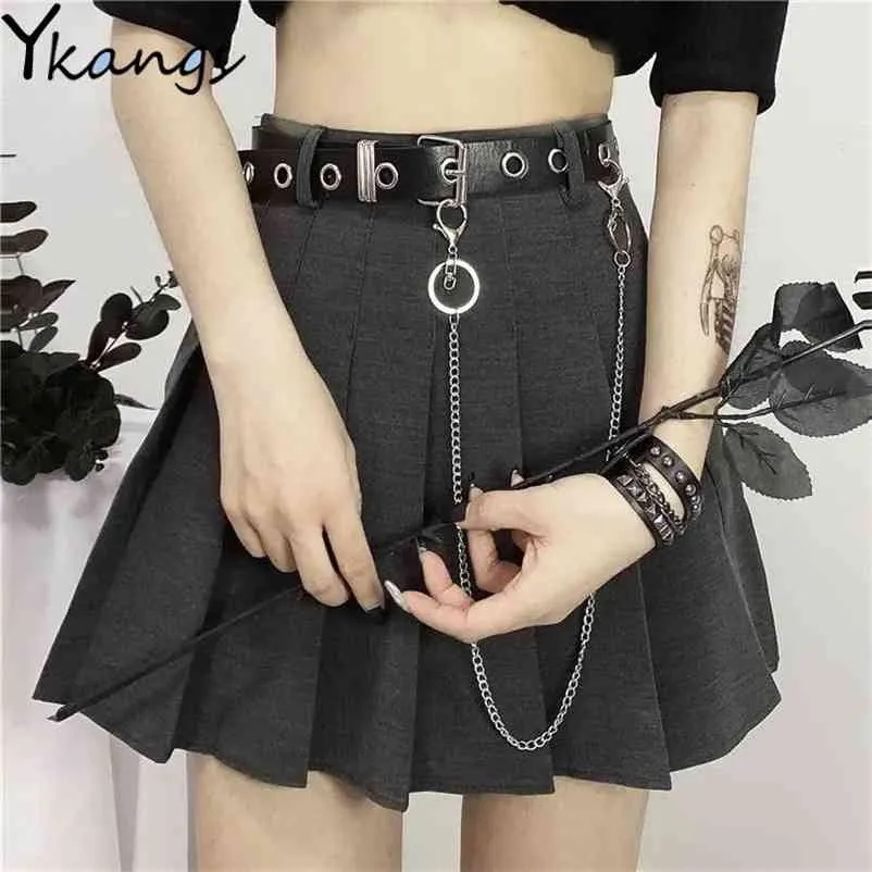 High Waist Black Mini Skirts With Chain Belt Gothic Streetwear Women s Casual College Harajuku Skirt